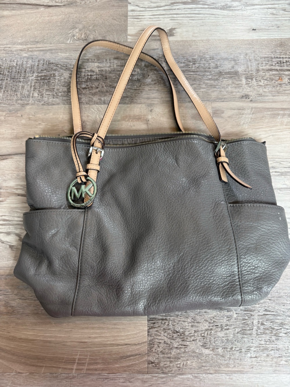 Michael Kors Gray Leather Double Tan Handle Shoulder Tote Handbag Bag